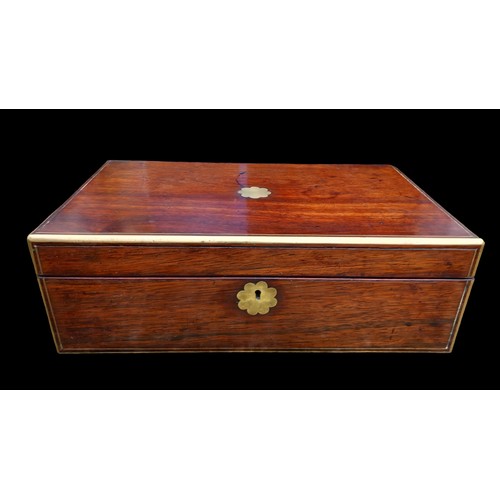 711 - AN ANTIQUE ROSEWOOD BRASS BOUND WRITING BOX 15.5X9.5X5