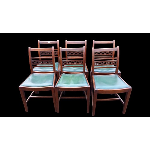 758 - A SET OF 6 ANTIQUE MAHOGANY CHAIRS WITH GREEN LEATHER SEATS