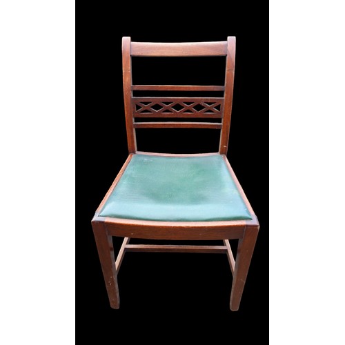 758 - A SET OF 6 ANTIQUE MAHOGANY CHAIRS WITH GREEN LEATHER SEATS