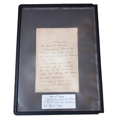 603A - HOUSE OF COMMONS HEADED PAPER  2 PAPER LETTER FROM EDWARD CARSON TO ALEX McCONNELL DUTY GRAND MASTER... 