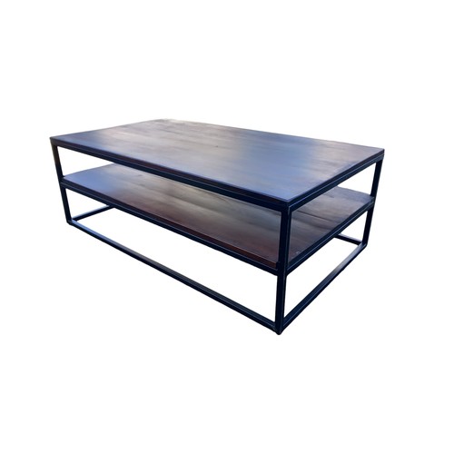 151 - A ROSEWOOD WOOD FINISHED 2 TIER COFFEE TABLE ON BLACK METAL FRAME (SLIGHT MARK AS PHOTO SHOWS) 27x47... 