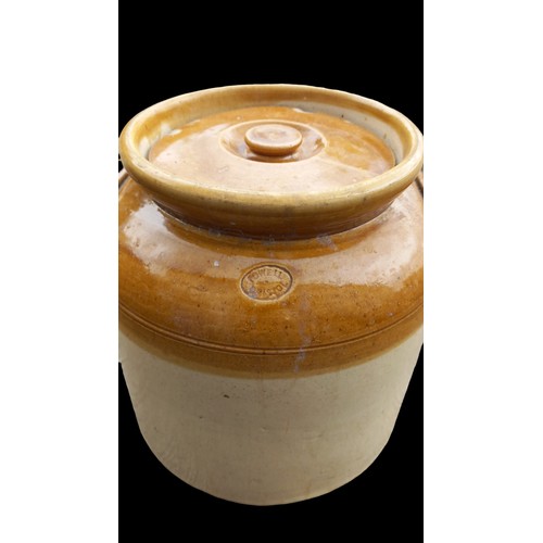 153 - A LARGE VINTAGE STONE JAR WITH LID HAS IMPRESSED STAMP POWELL 10x10