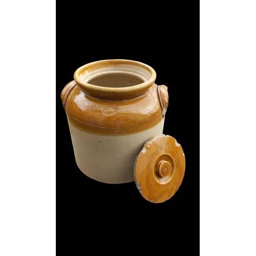 153 - A LARGE VINTAGE STONE JAR WITH LID HAS IMPRESSED STAMP POWELL 10x10