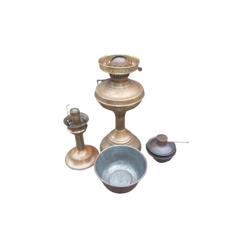 7 - A BRASS OIL LAMP AND OTHER COPPER AD BRASS ITEMS