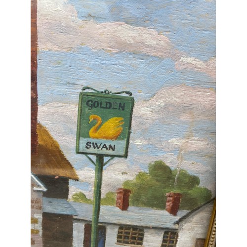 79 - THE GOLDEN SWAN PUB PAINTING UNDER GLASS 56X39cm