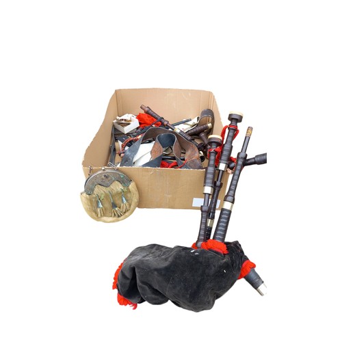 108 - A BOX OF BAGPIPES AND BAGPIPE RELATED ITEMS