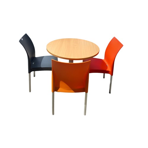 122 - BEECH TABLE AND 3 MULTI COLOURED CHAIRS