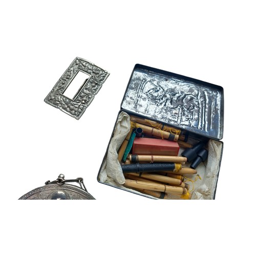 108 - A BOX OF BAGPIPES AND BAGPIPE RELATED ITEMS