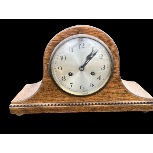 14 - A VINTAGE OAK CLOCK , SCALES AND BRASS LIPOTONS TEA CADDY