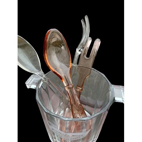 18 - A SMALL GLASS MOET & CHANDON ICE BUCKET AND 2 GLASS SERVING SPOON/FORKS