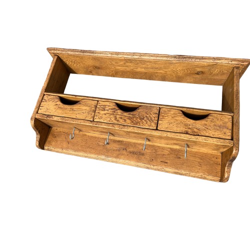 86 - A BEAUTIFULLY SOLID OAK 3 DRAWERED BRACKET WITH HANGING HOOKS **