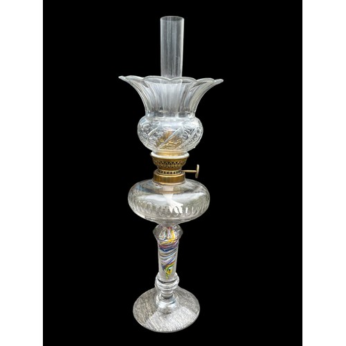 107 - AN ANTIQUE ONE PIECE CUT GLASS OIL LAMP STEM IN FABULOUS TWIST COLOUR GLASS WITH CUT GLASS BOWL AND ... 