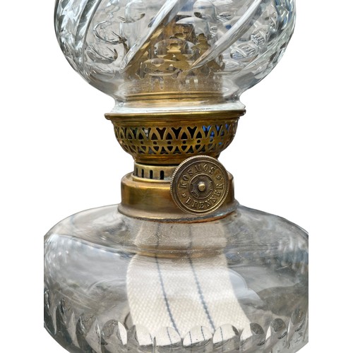 107 - AN ANTIQUE ONE PIECE CUT GLASS OIL LAMP STEM IN FABULOUS TWIST COLOUR GLASS WITH CUT GLASS BOWL AND ... 