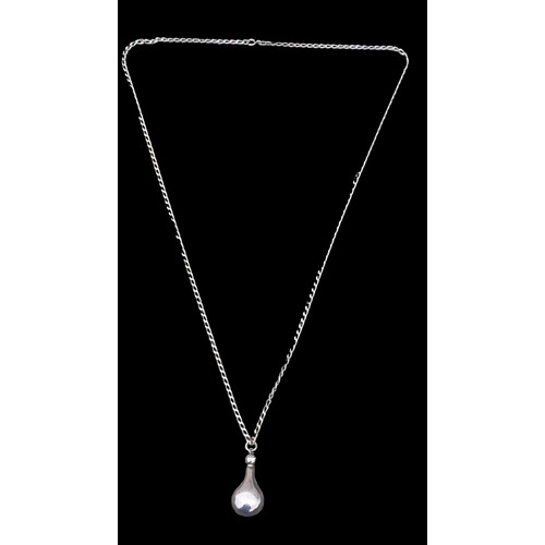 275 - A SILVER PERFUME BOTTLE PENDANT ON A LONG SILVER CHAIN