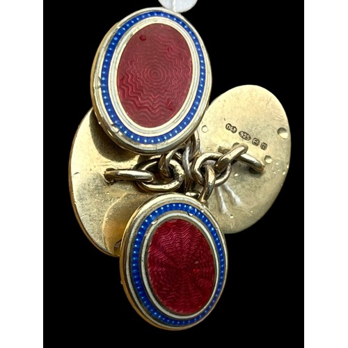 276 - BEAUTIFUL SILVER & ENAMEL CUFFLINKS RED TO CENTRE AND BLUE BAND YO OUTSIDE WITH GILT BACK AND CHAIN ... 