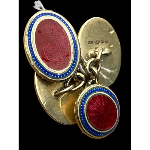 276 - BEAUTIFUL SILVER & ENAMEL CUFFLINKS RED TO CENTRE AND BLUE BAND YO OUTSIDE WITH GILT BACK AND CHAIN ... 