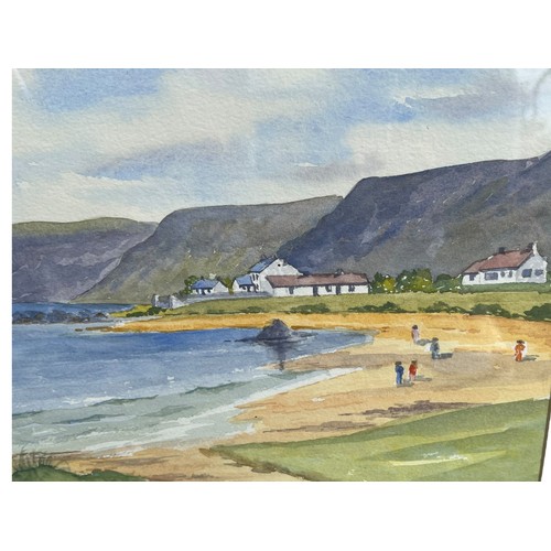 307 - FAIRHEAD AND PANS ROCK WATERCOLOUR SIGNED E.HOLMES 17 x 21