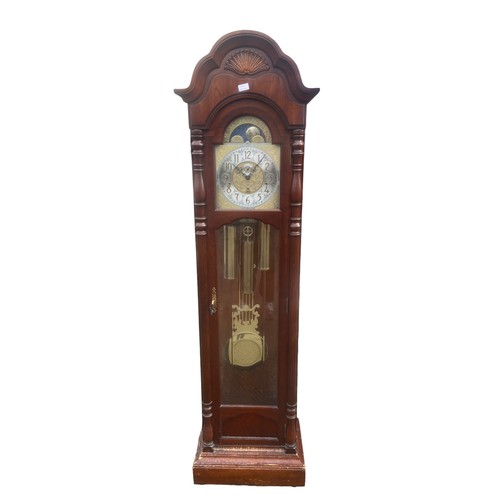 316 - A MODERN TRIPLE WEIGHT MAHOGANY CASED GRANDFATHER CLOCK WITH MOVING FACE