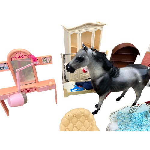 332 - LARGE BOX OF SINDY HOUSE FURNITURE WITH HORSE AND TRAP