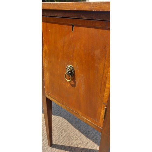 403 - AN ANITQUE MAHOGANY SIDEBOARD WITH BRASS LION HEAD HANDLES MEASURES 58 x 23 x 35.5