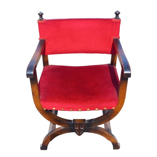 413 - AN OAK CROSS FRAMED HALL CHAIR