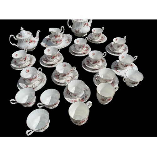 438 - A 41 PIECE LAVENDER ROSE  TEA SERVICE BY ROYAL ALBERT TO INCLUDE LARGE AND SMALL TEAPOTS