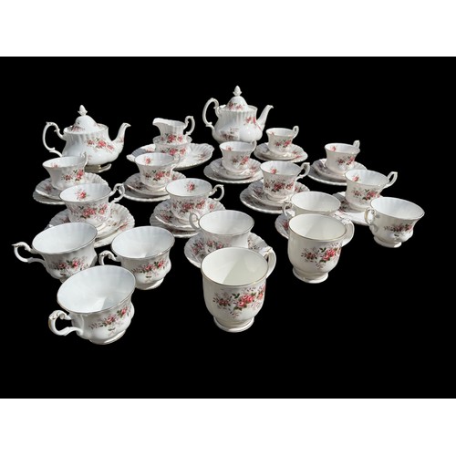 438 - A 41 PIECE LAVENDER ROSE  TEA SERVICE BY ROYAL ALBERT TO INCLUDE LARGE AND SMALL TEAPOTS