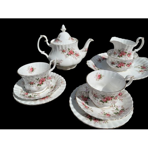 438 - A 41 PIECE LAVENDER ROSE  TEA SERVICE BY ROYAL ALBERT TO INCLUDE LARGE AND SMALL TEAPOTS