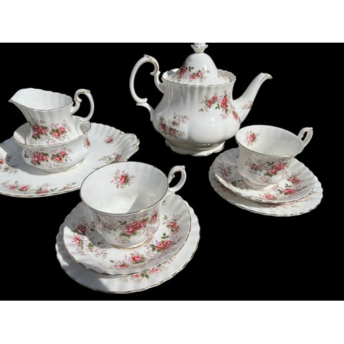 438 - A 41 PIECE LAVENDER ROSE  TEA SERVICE BY ROYAL ALBERT TO INCLUDE LARGE AND SMALL TEAPOTS