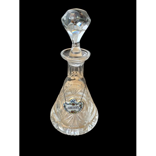 445 - A TYRONE CRYSTAL DECANTER COMPLETE WITH STOPPER AND AN ANYSLEY PORCELAIN SHERRY LABEL