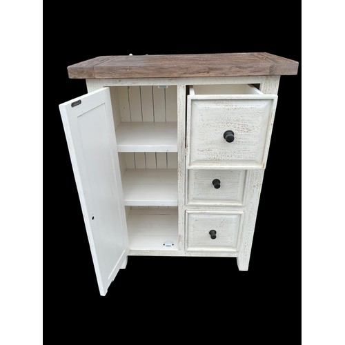 454 - A NEW WASHED SIDEBOARD 1 DOOR 3 DRAWER WITH OAK TOP 30X16X39.5