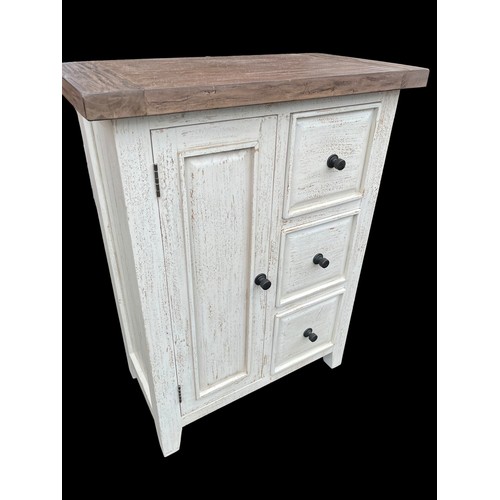 454 - A NEW WASHED SIDEBOARD 1 DOOR 3 DRAWER WITH OAK TOP 30X16X39.5