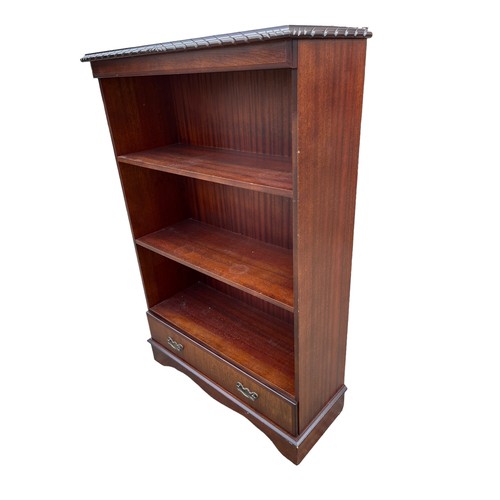 458 - A MAHOGANY ROPE EDGE BOOKSHELVES WITH DRAWER TO BASE **