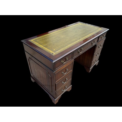 459 - A TOOLED GREEN LEATHER TOPPED MAHOGANY TWIN PEDASTAL DESK IN EXCELLENT CONDITION **