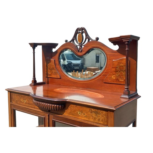 470 - AN ANTIQUE  STUNNING QUALITY SHAPED INLAID MAHOGANY DISPLAY CABINET WITH A MIRRORED BACK 36 x 16 x 6... 