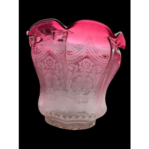 542 - A VICTORIAN ETCHED RUBY OIL LAMP SHADE