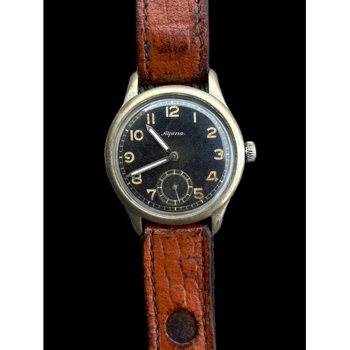 570 - ALPINA 592 LUFTWAFFW PILOTS WRIST WATCH BRASS CASE AND STEEL BACK ,BLACK FACE WITH SUBSIDIARY SECOND... 