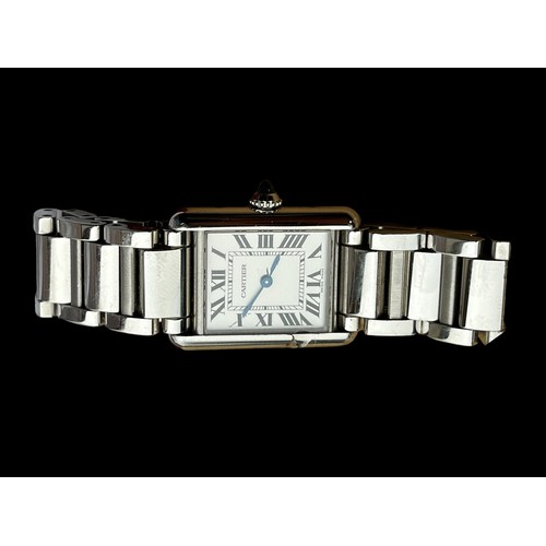 630 - A CARTIER LDS S/S TANK WATCHRECTANGULAR DIAL ,BLACK ROMAN NUMERALS ,CABOUCHON BUTTON ON BRACELET GEN... 