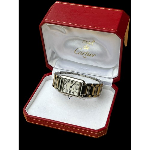 630 - A CARTIER LDS S/S TANK WATCHRECTANGULAR DIAL ,BLACK ROMAN NUMERALS ,CABOUCHON BUTTON ON BRACELET GEN... 