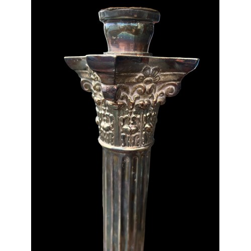 635 - A SILVER PLATED CORINTHIAN PILLAR OIL LAMP COMPLETE WITH CUT GLASS BOWL AND FUNNEL