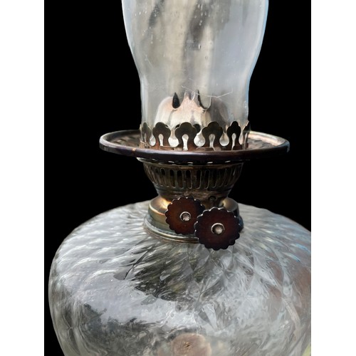 635 - A SILVER PLATED CORINTHIAN PILLAR OIL LAMP COMPLETE WITH CUT GLASS BOWL AND FUNNEL