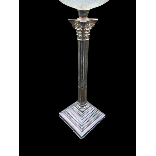 635 - A SILVER PLATED CORINTHIAN PILLAR OIL LAMP COMPLETE WITH CUT GLASS BOWL AND FUNNEL