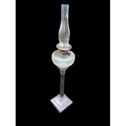 635 - A SILVER PLATED CORINTHIAN PILLAR OIL LAMP COMPLETE WITH CUT GLASS BOWL AND FUNNEL