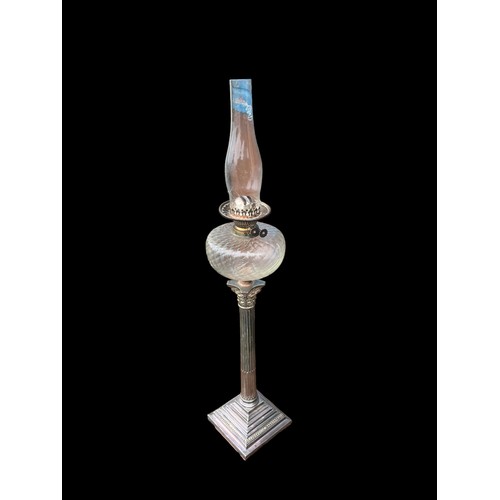 635 - A SILVER PLATED CORINTHIAN PILLAR OIL LAMP COMPLETE WITH CUT GLASS BOWL AND FUNNEL