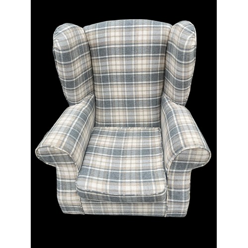 652 - A VERY GOOD GREY TARTAN PATTERN WONGBACK ARMCHAIR