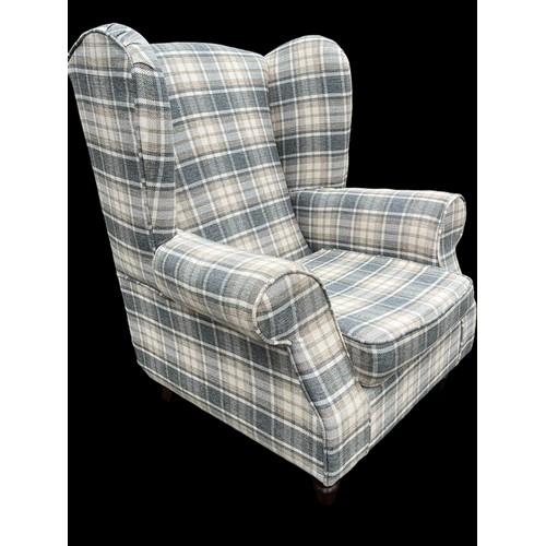 652 - A VERY GOOD GREY TARTAN PATTERN WONGBACK ARMCHAIR