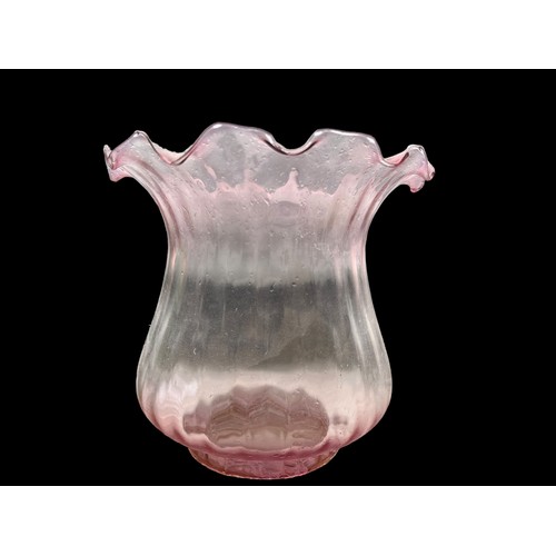 657 - A PINK PORCELAIN HAND PAINTED OIL LAMP BOWL WITH ORNATE BRASS BASE AND NICELY SHAPED SHADE