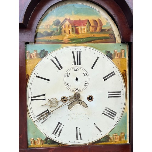 662 - A PAINTED DIAL GRANDFATHER CLOCK WITH HORNED HOOD WITH WEIGHTS AND PENDULUM