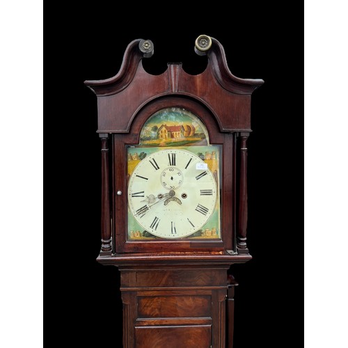 662 - A PAINTED DIAL GRANDFATHER CLOCK WITH HORNED HOOD WITH WEIGHTS AND PENDULUM