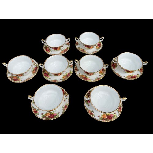 666 - 8 OLD COUNTRY ROSE DOUBLE HANDLED SOUP/DESSERT DISH ON 8 SAUCERS BY ROYAL ALBERT